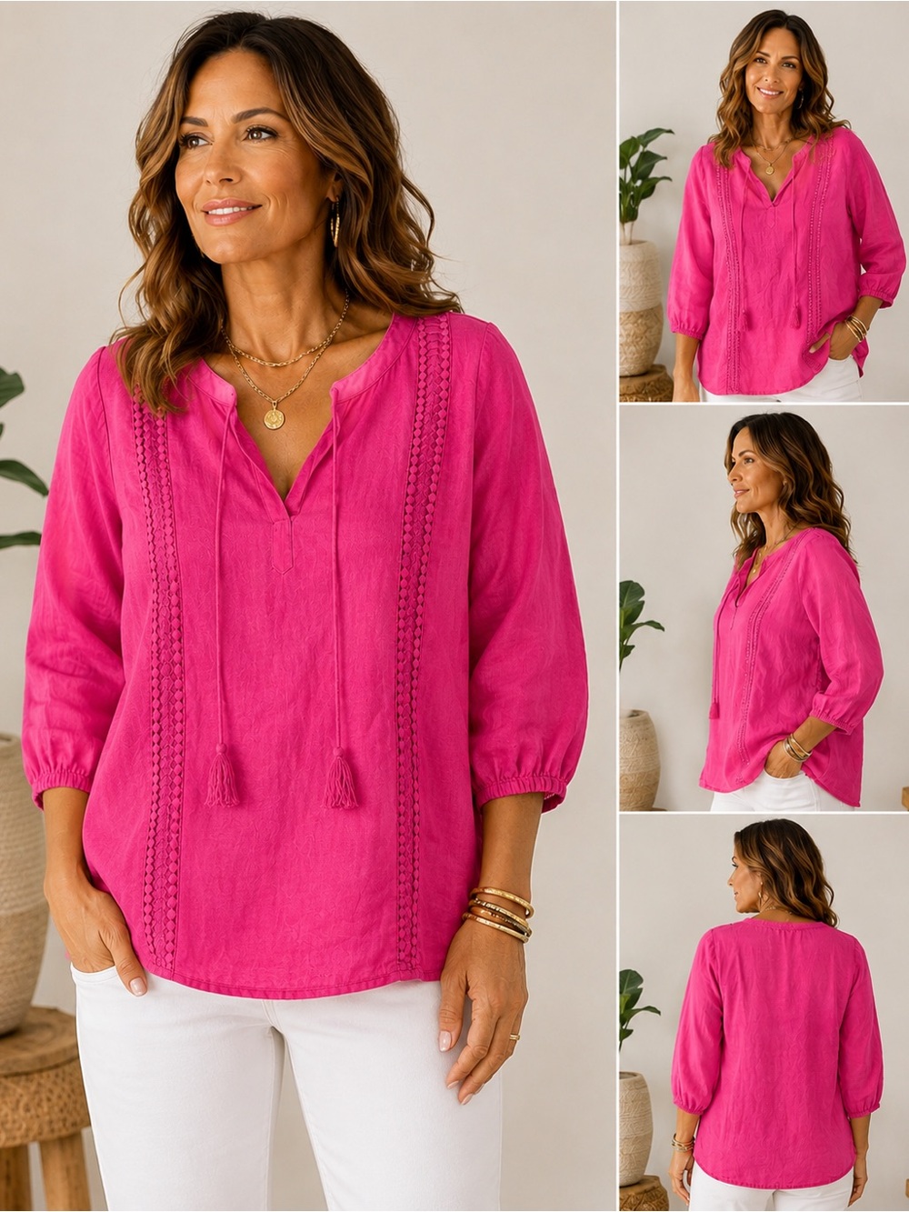 Carol Little Boho Peasant Blouse XL‎ 100% Linen Crochet Lace Tassel Tie Pink